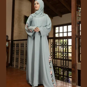 Elegant Ice Blue Embroidered Nida Abaya with Matching Hijab